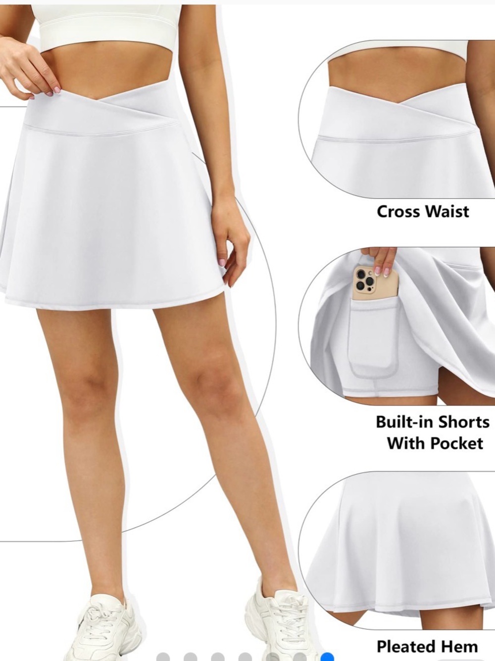 Women’s White Active Skort with Cross Waist and Pocket